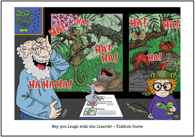 Cartoon depicting the Yiddish quote, “He Should Laugh With Lizards"
