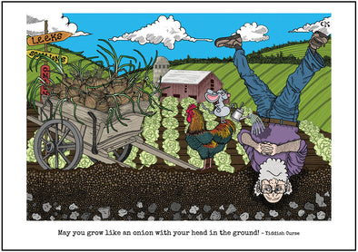 Cartoon depicting the Yiddish quote, “May You Grow Like An Onion With Your Head In The Ground!"