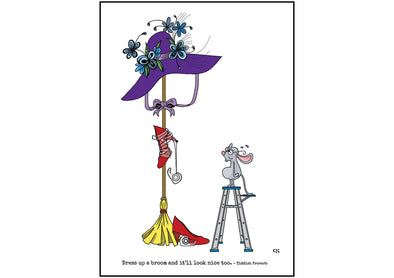 Cartoon depicting the Yiddish quote, “Dress Up A Broom And It’ll Look Nice Too"