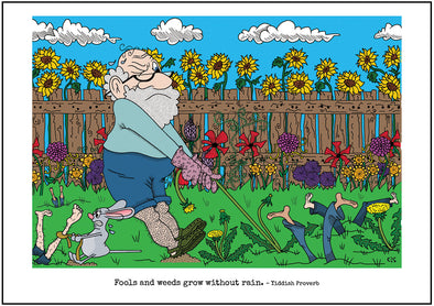 Cartoon depicting the Yiddish quote, “Fools And Weeds Grow Without Rain"