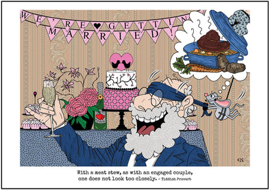 Cartoon depicting the Yiddish quote, “With A Meat Stew, As With An Engaged Couple, One Does Not Look Too Closely"